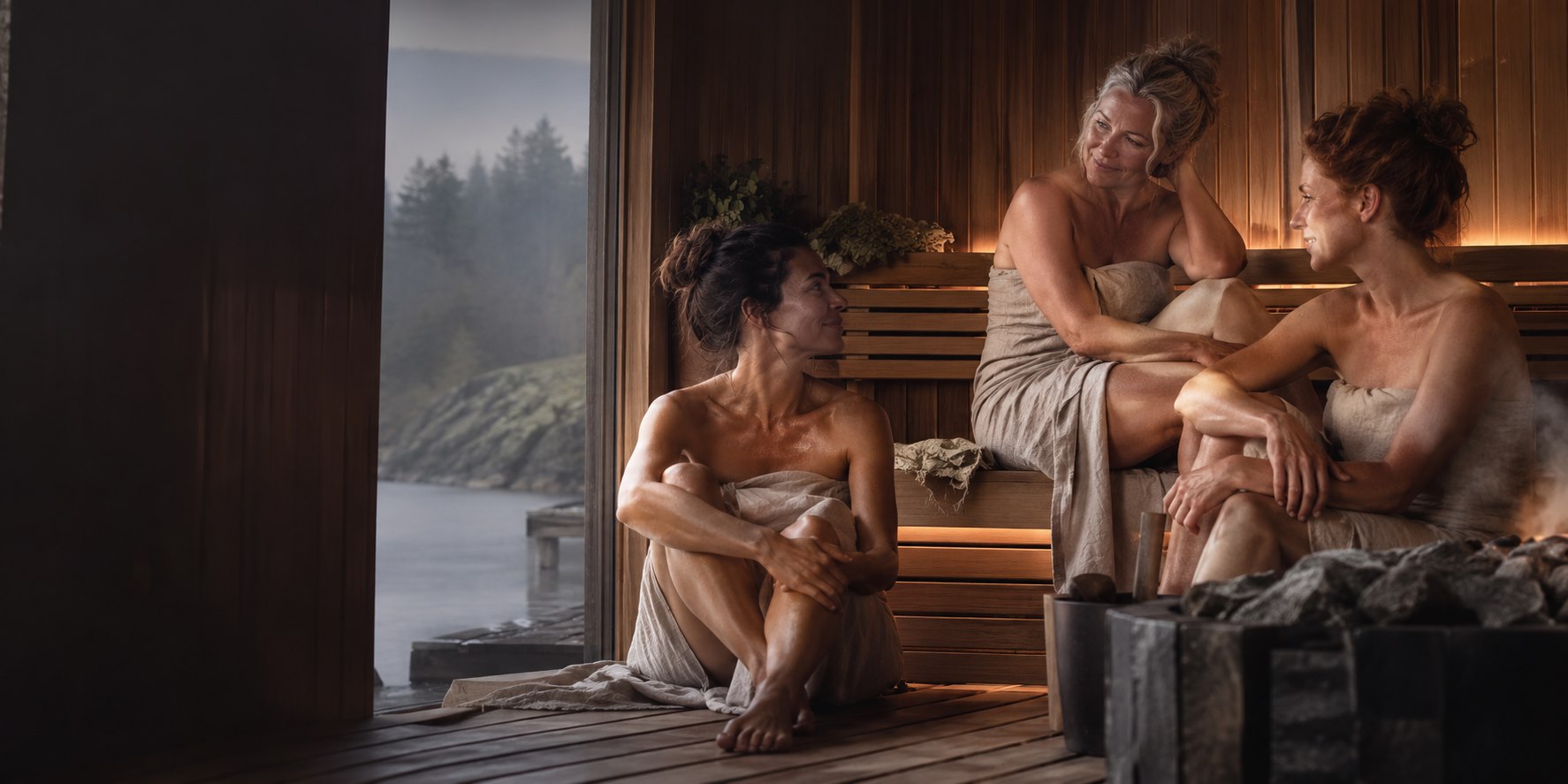 Tre kvinder nyder ro og nærvær i en varm nordisk sauna