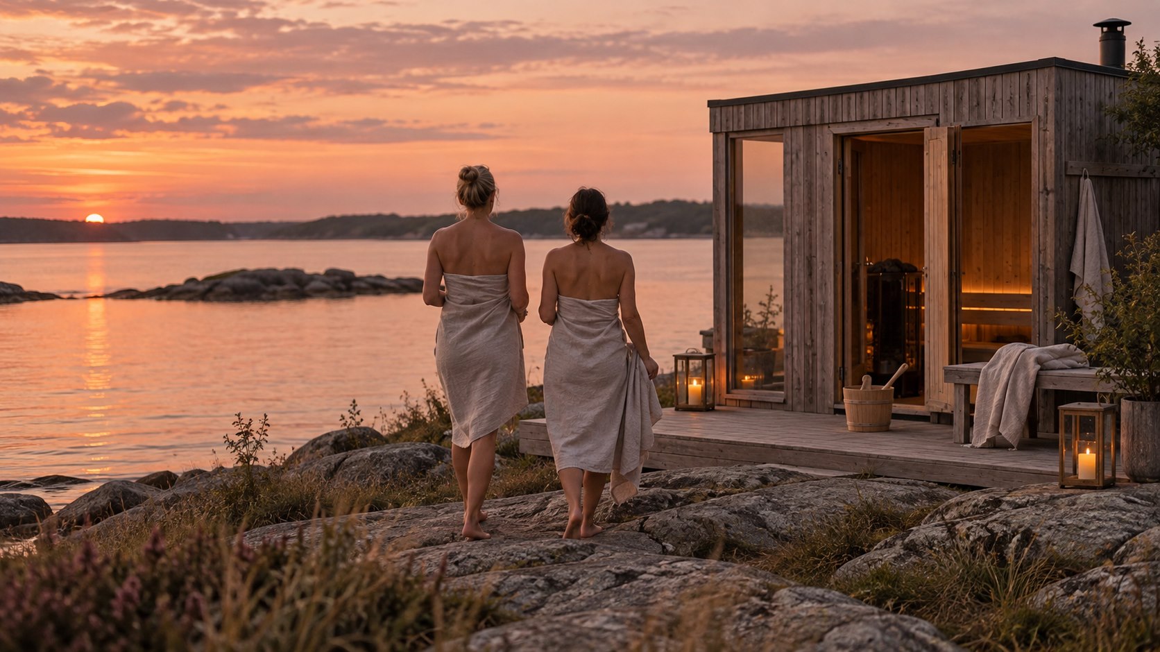 Nordisk sauna ved vandet i den varme aftensol